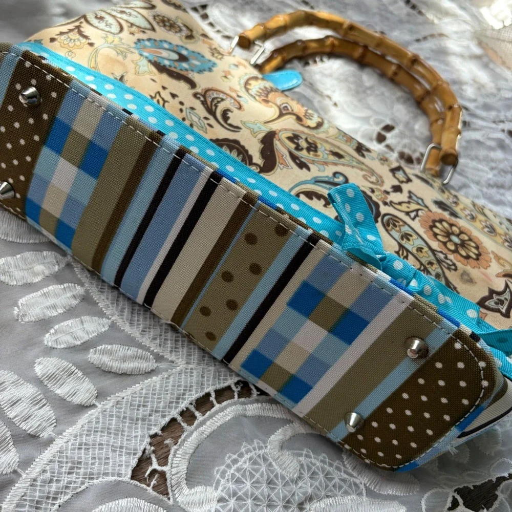 Y2K Coquette Paisley Polka Dot Bamboo Handle Satchel Bag with Wristlet Blue Tan